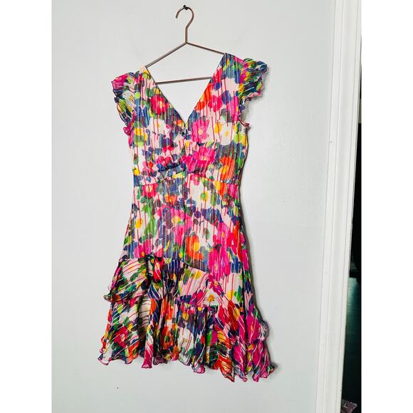 SALONI Pink Printed Silk Flutter Sleeves V-Neckline Ruffled Skirt Catia Dress 4 - Picture 7 of 15